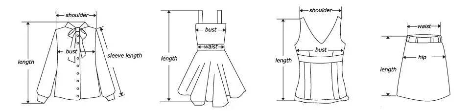 Four women's garment pattern diagrams (blouse, dress, top, skirt) with shoulder, bust, and length measurements.