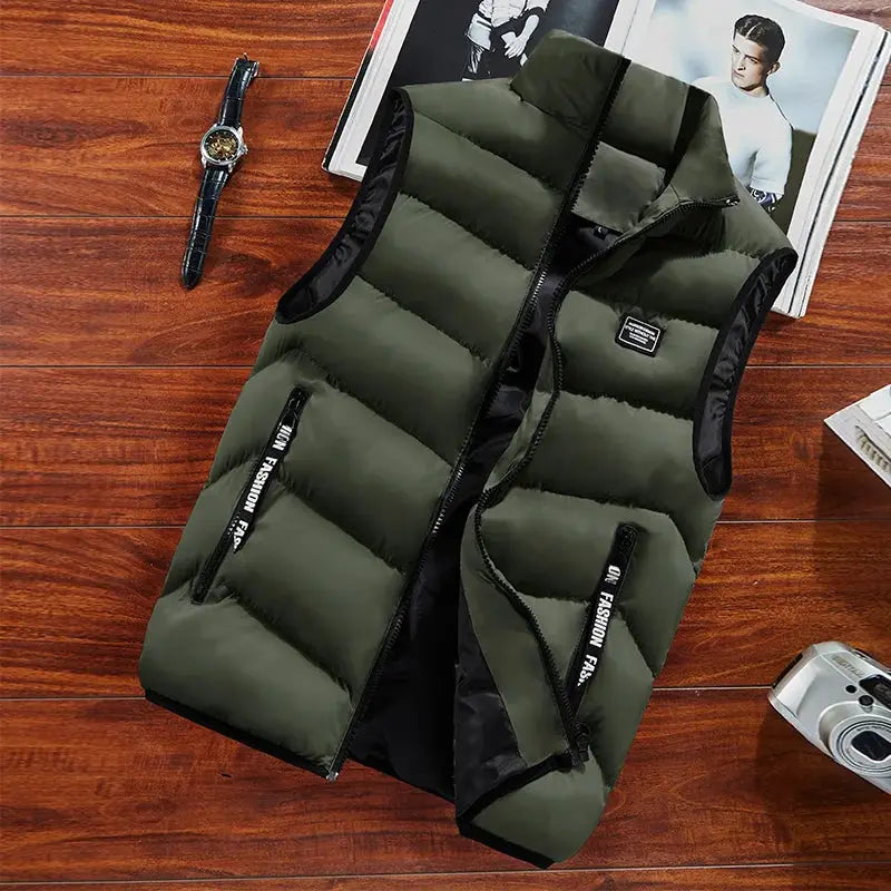 Simples Market olive green padded men's sleeveless vest with black trim and front zip pockets