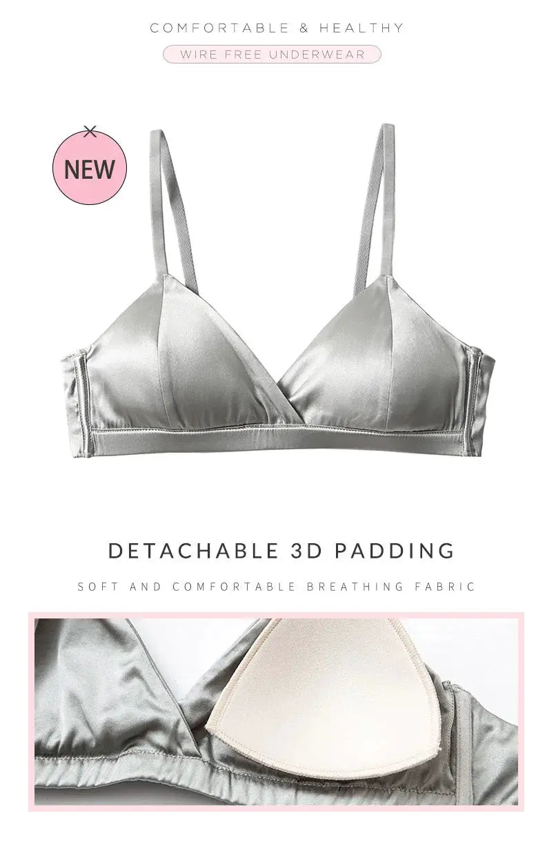 Silk wire-free bra in silver with detachable 3D padding and natural silk lining