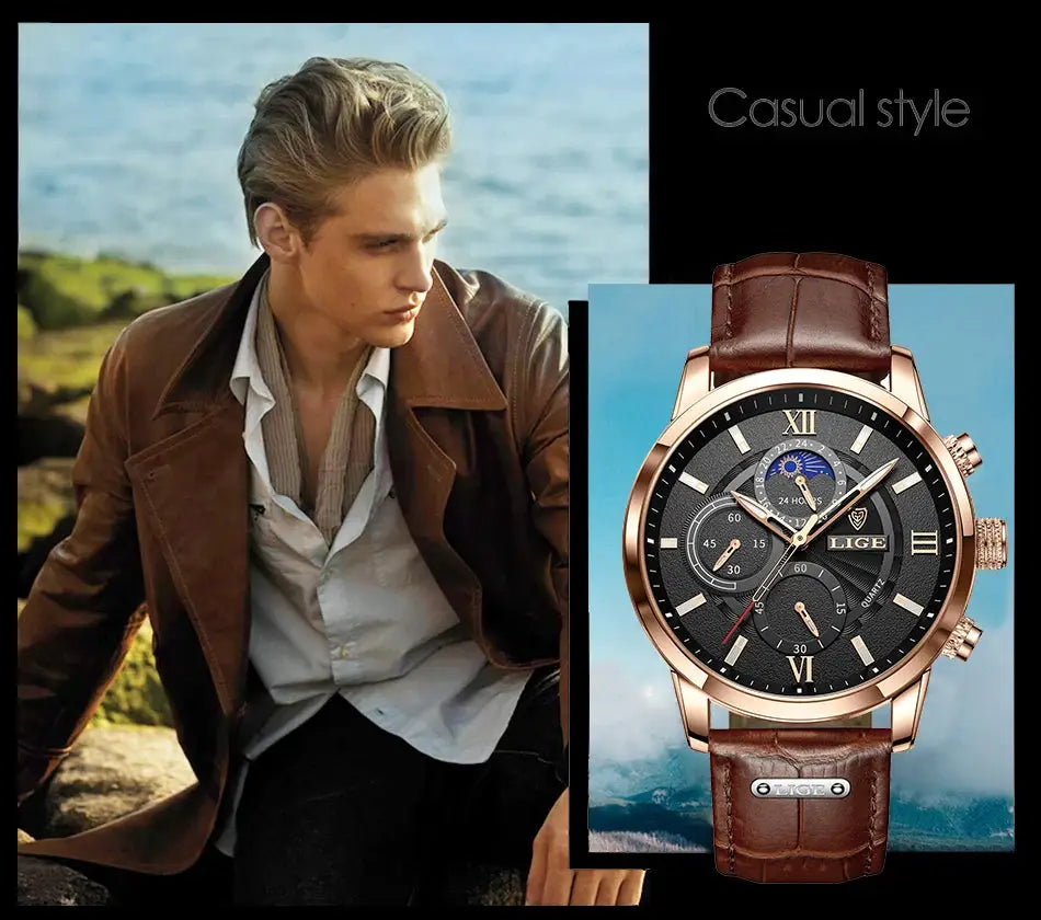LIGE men's watch with brown leather strap, gold-tone case and black dial with subdials (1 watch)