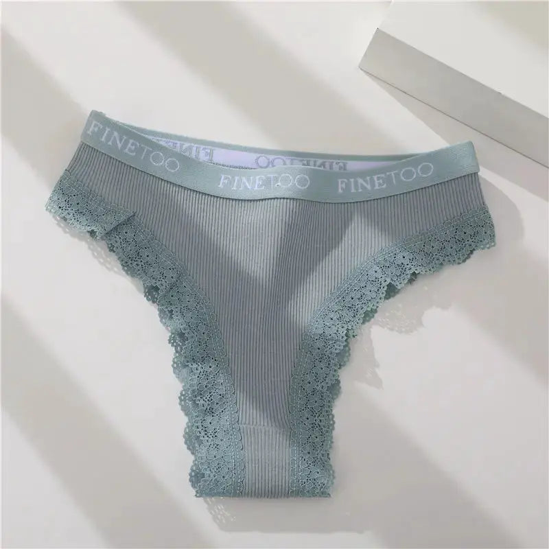 Finetoo cotton lace bikini panties, light blue seamless underwear for women