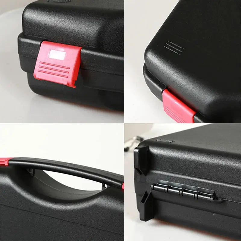 Multifunctional hardware toolbox case by Simples Market, black plastic with red latch and carrying handle.