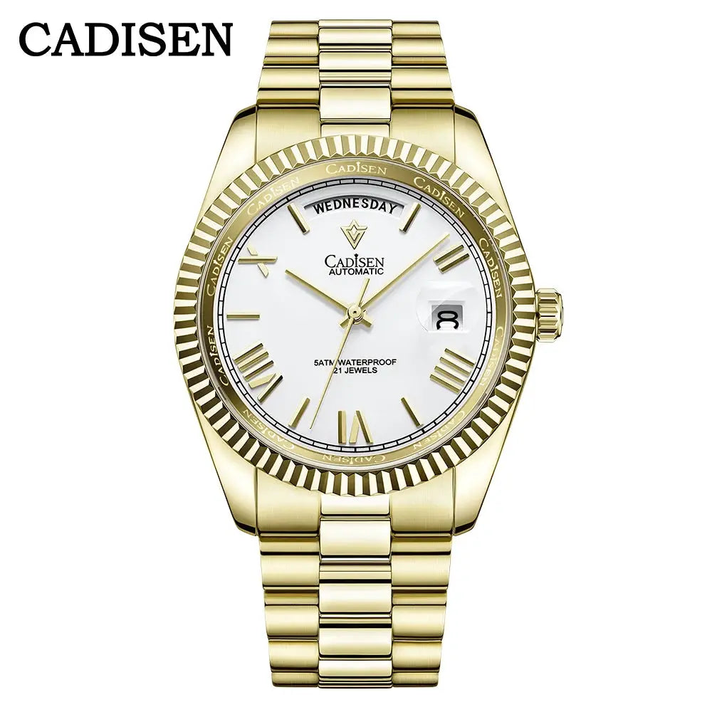 CADISEN men's gold-tone automatic watch with white dial, day window, date magnifier, fluted bezel, and link bracelet