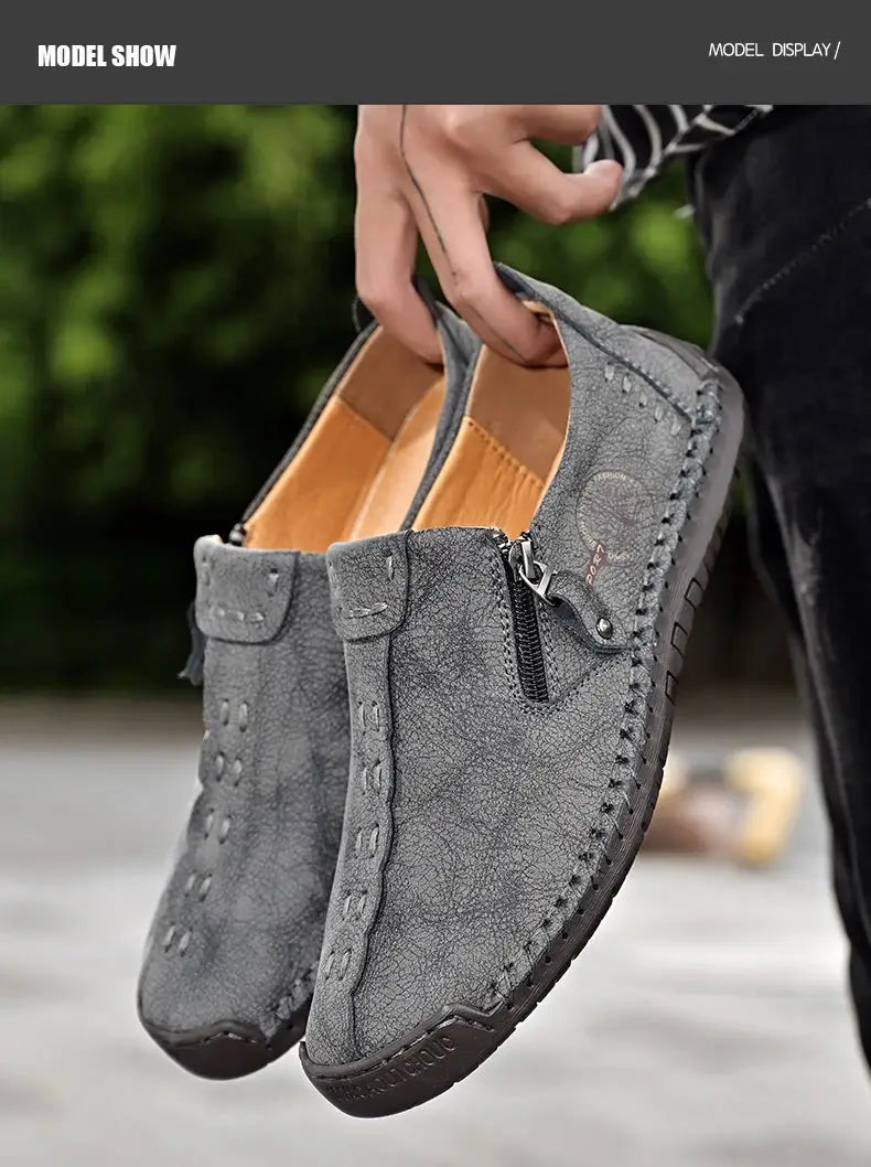 Simples Market handmade gray leather men’s slip-on loafers pair with side zipper