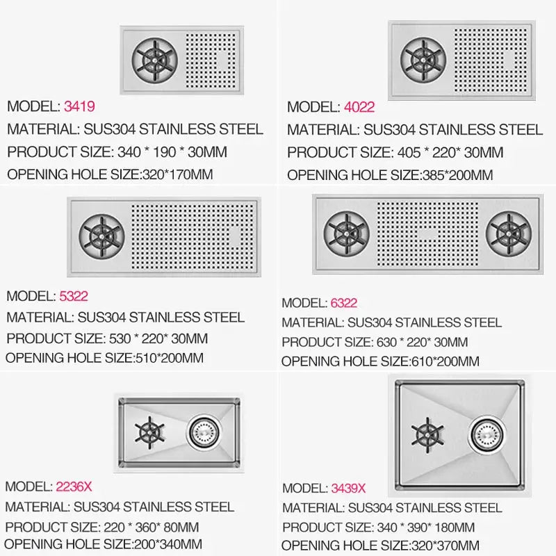 ASRAS cup washer bar counter sink, 304 stainless steel, 4mm brushed finish, handmade; six models shown.