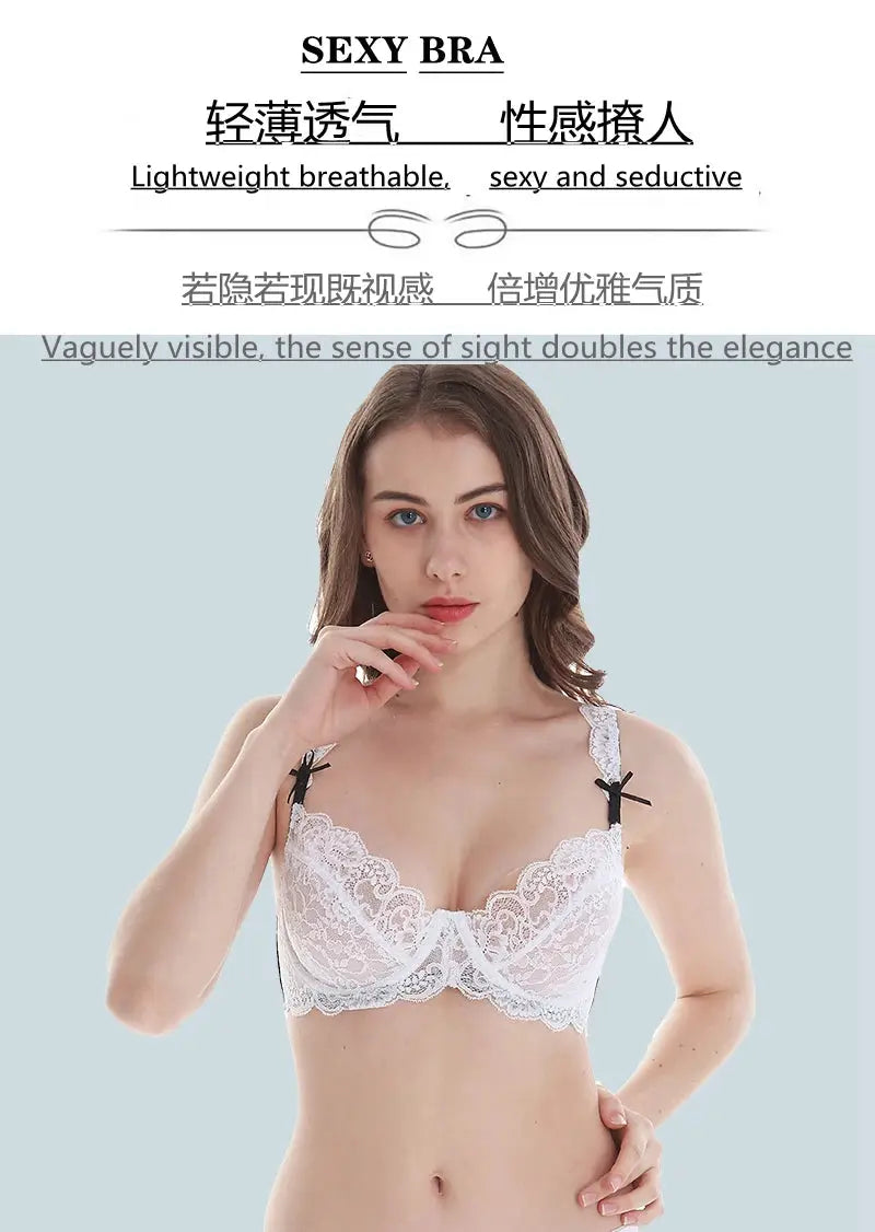 White lace push-up bra with sheer floral cups and black bow accents on straps