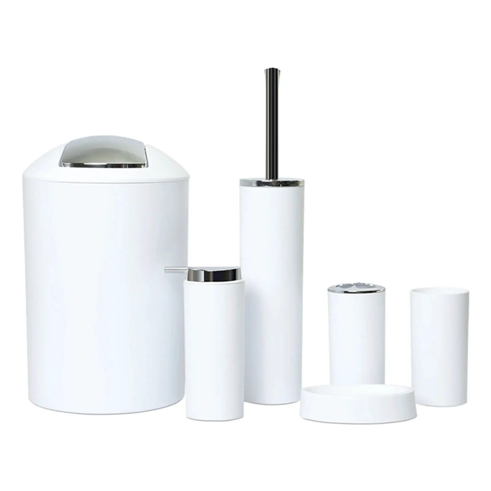 6-piece white plastic bathroom set with chrome accents: trash can, toilet brush holder, dispenser, soap dish