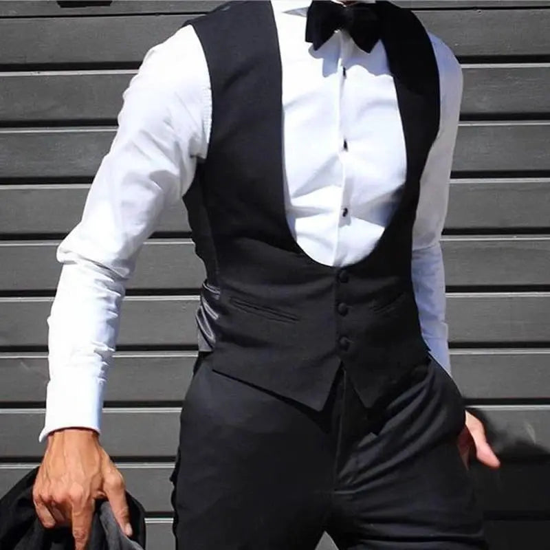 Black men's wedding waistcoat, slim-fit vest worn with white dress shirt and bow tie