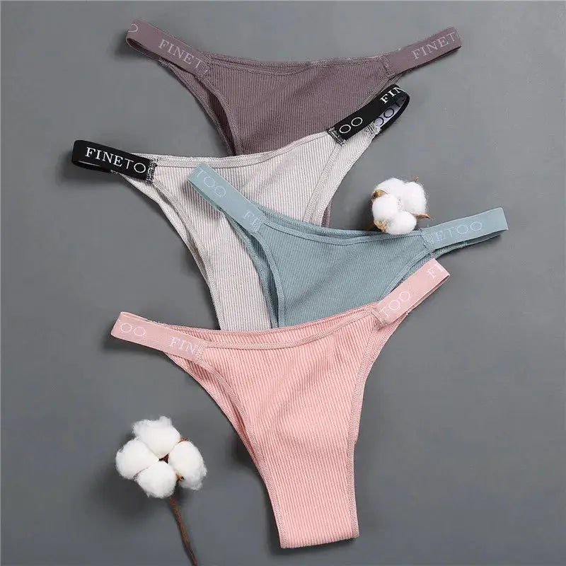 4-piece women's cotton panties set with Fineto logo, low-rise briefs in pink, blue, gray, and mauve