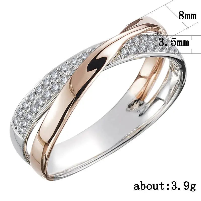 Huitan Two Tone X Shape Cross Ring For Women Wedding Jewelry Dazzling CZ Stone Large Modern Ring Fashion Accessory