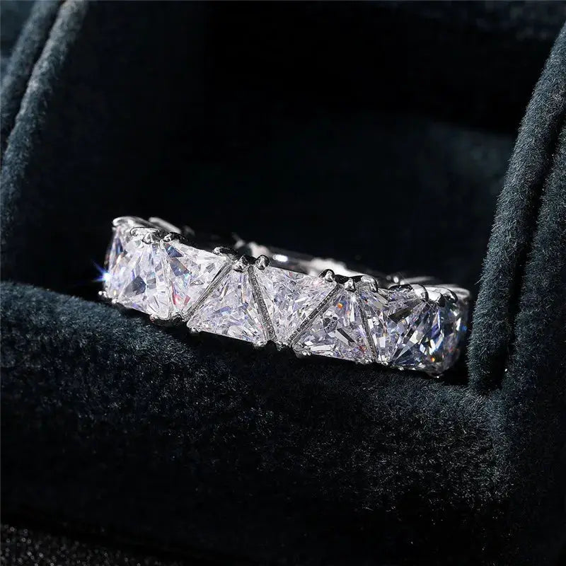 Huitan luxury triangle-design cubic zirconia promise ring, silver-tone brass band with clear triangular stones.