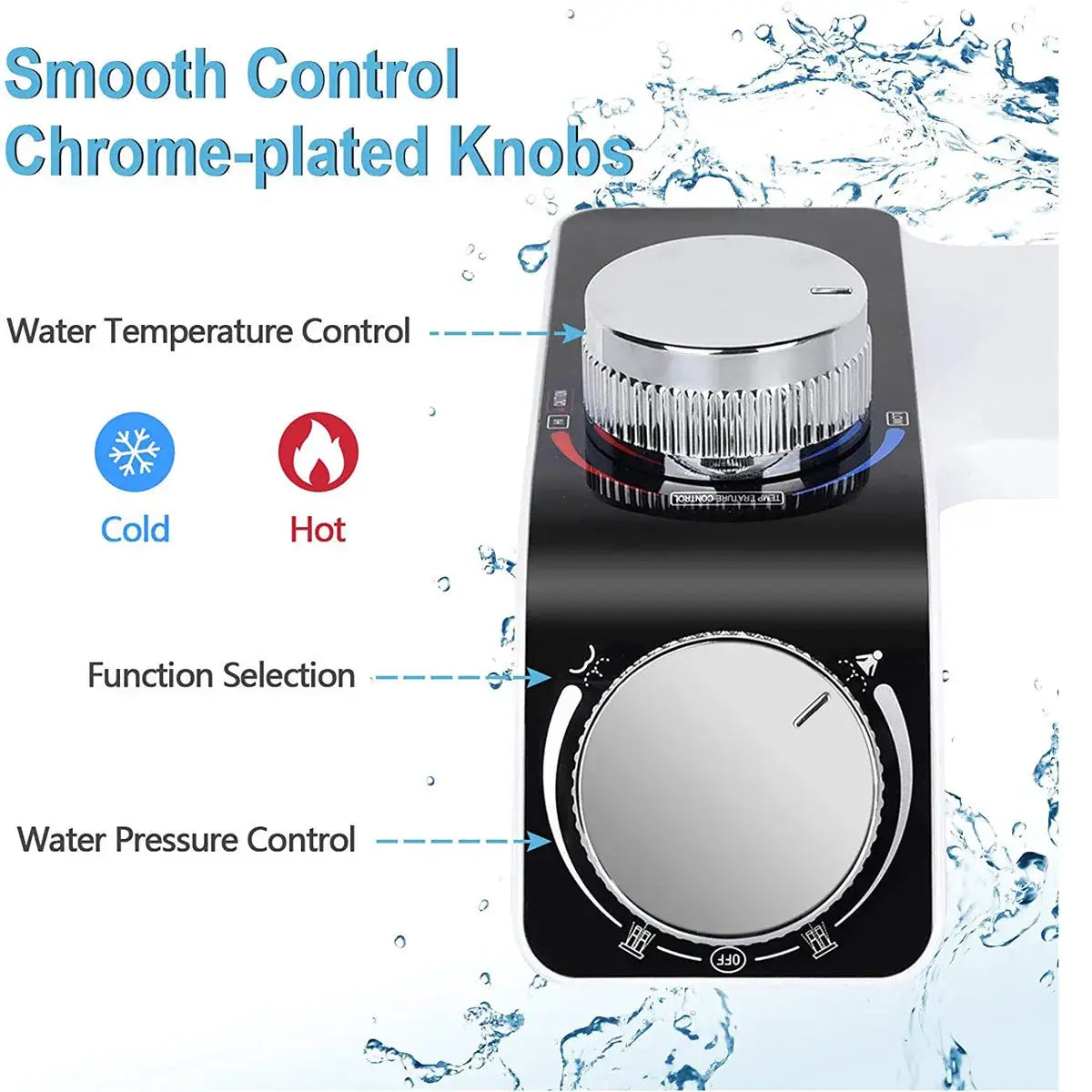 Bidet toilet seat attachment by Simples Market, chrome-plated knobs, non-electric, dual nozzles, hot/cold water mixer.