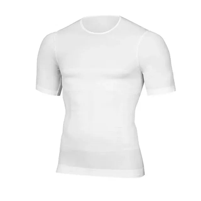 Men's white compression undershirt, elastic abdomen shaper, short-sleeve, slimming fit