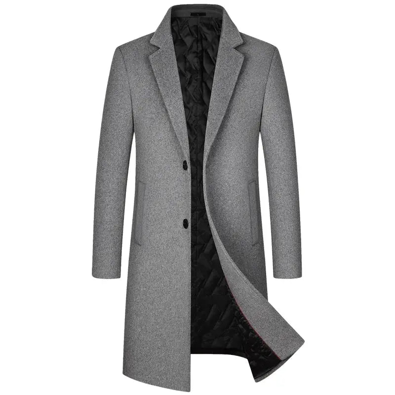 Men's grey wool coat with notch lapels, long tailored trench style, two-button front, black quilted lining