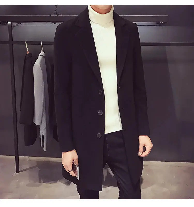 Simples Market men's black long coat with three-button front