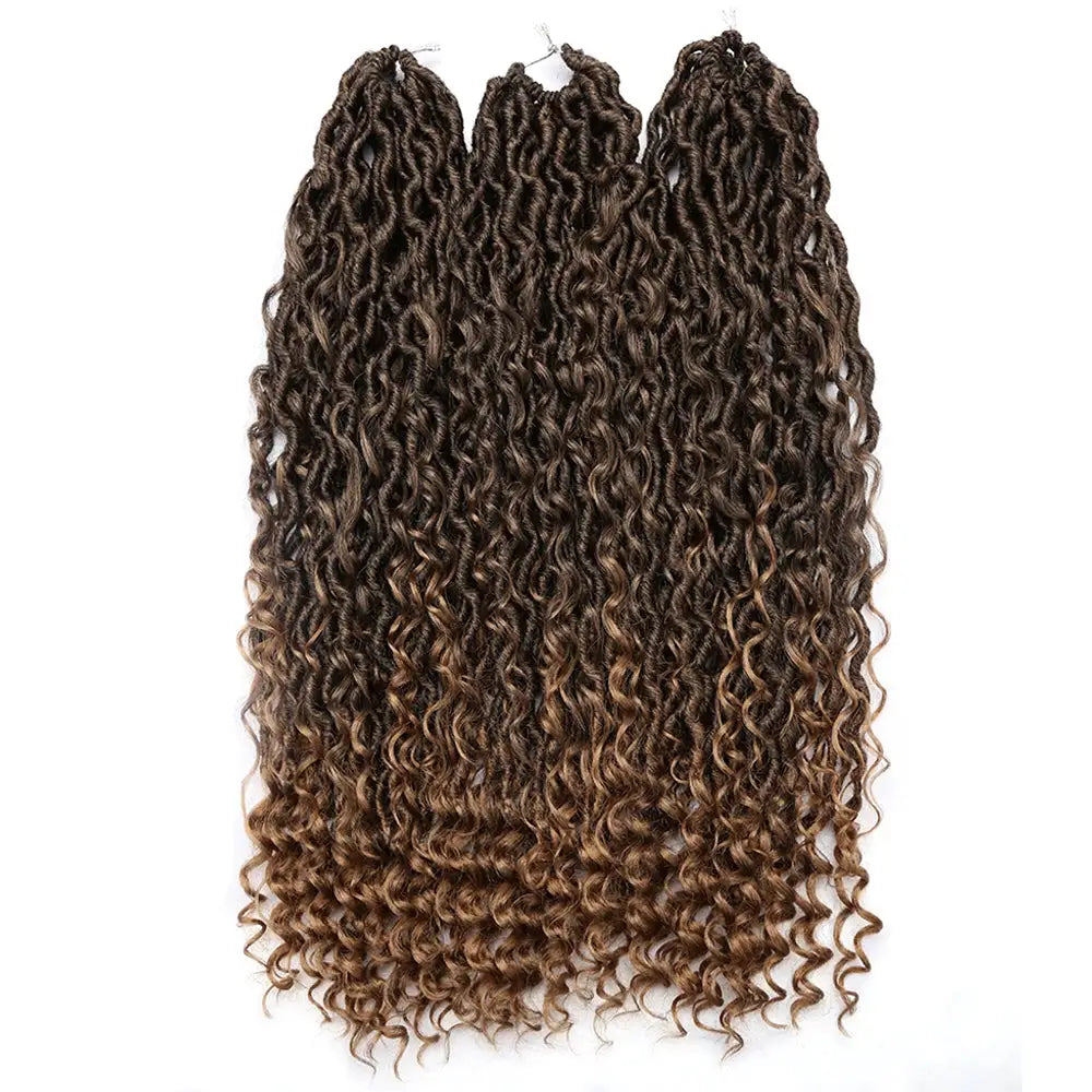 Synthetic Goddess Locs crochet hair extensions, long curly faux locs in dark brown ombre, boho style
