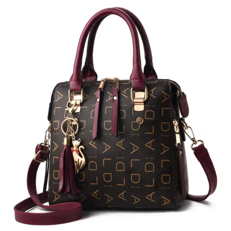 Fashion English Letter Handbag by Simples Market, PU leather tote with burgundy handles and gold hardware