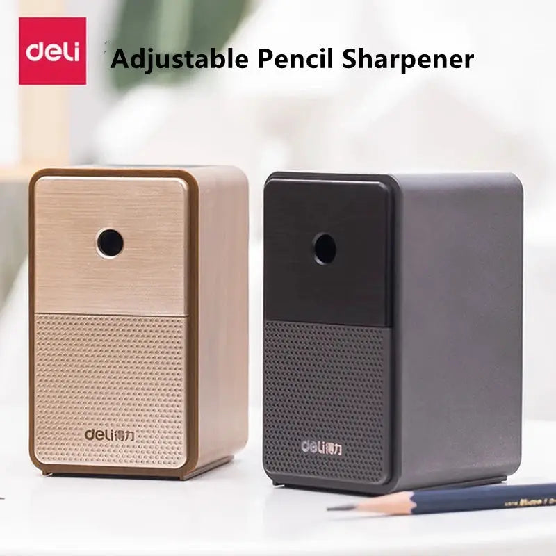 DELI adjustable pencil sharpener; two hand-crank table sharpeners in wood-tone beige and black