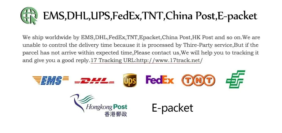 Eight shipping carrier logos showing EMS, DHL, UPS, FedEx, TNT, China Post, Hong Kong Post and E-packet