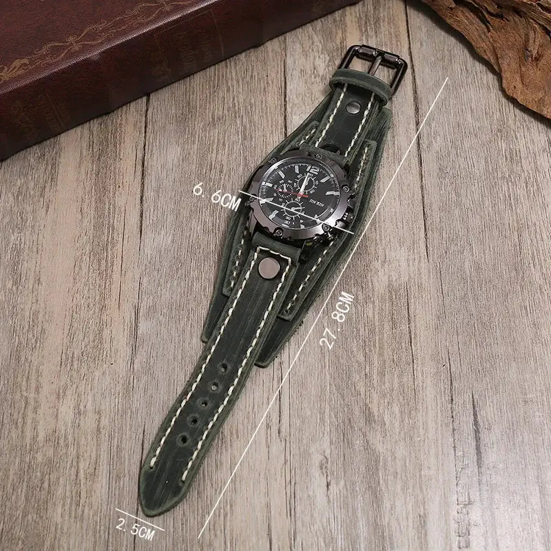 Rogue Punk Style Mens Quartz Watch With Wide Genuine Cowhide Leather Strap And Luminous Dial