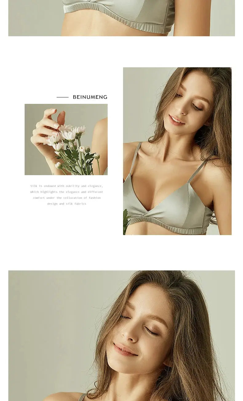 SuyaDream wire-free silk bra by Simples Market in silver with natural silk lining, 3/4 cup for everyday wear