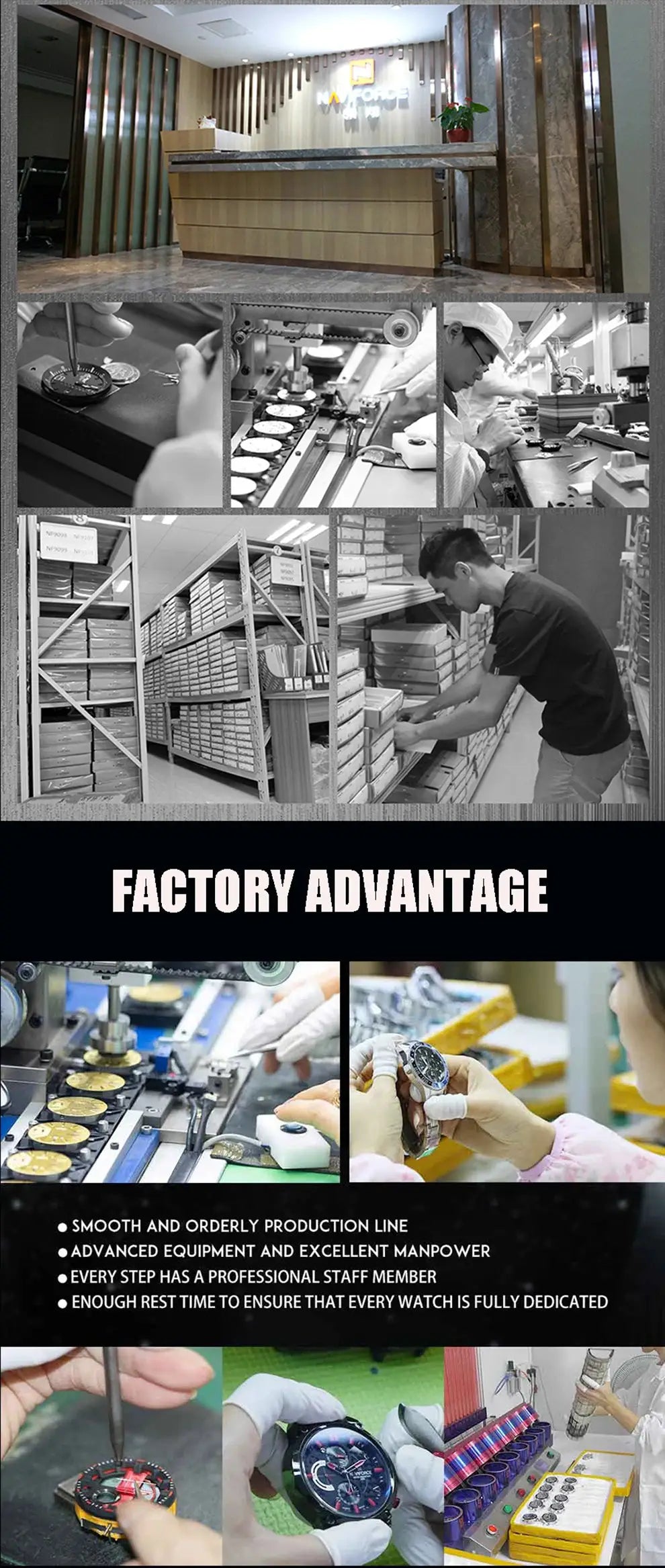 Naviforce men's casual watch on a factory production line; silicone strap, chronograph, waterproof.