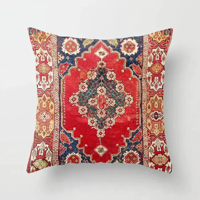 Pillow cover by Simples Market, Moroccan bohemian style with red center and blue/beige borders
