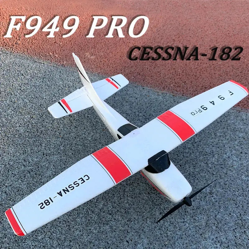 RC airplane F949 PRO Cessna-182 by WLtoys; white fixed-wing plane with red bands and black propeller
