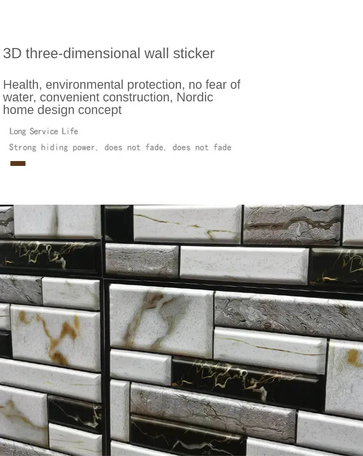 Self-adhesive tile wall sticker set, marble-pattern PVC, 5/10pcs, waterproof for kitchen or bathroom.