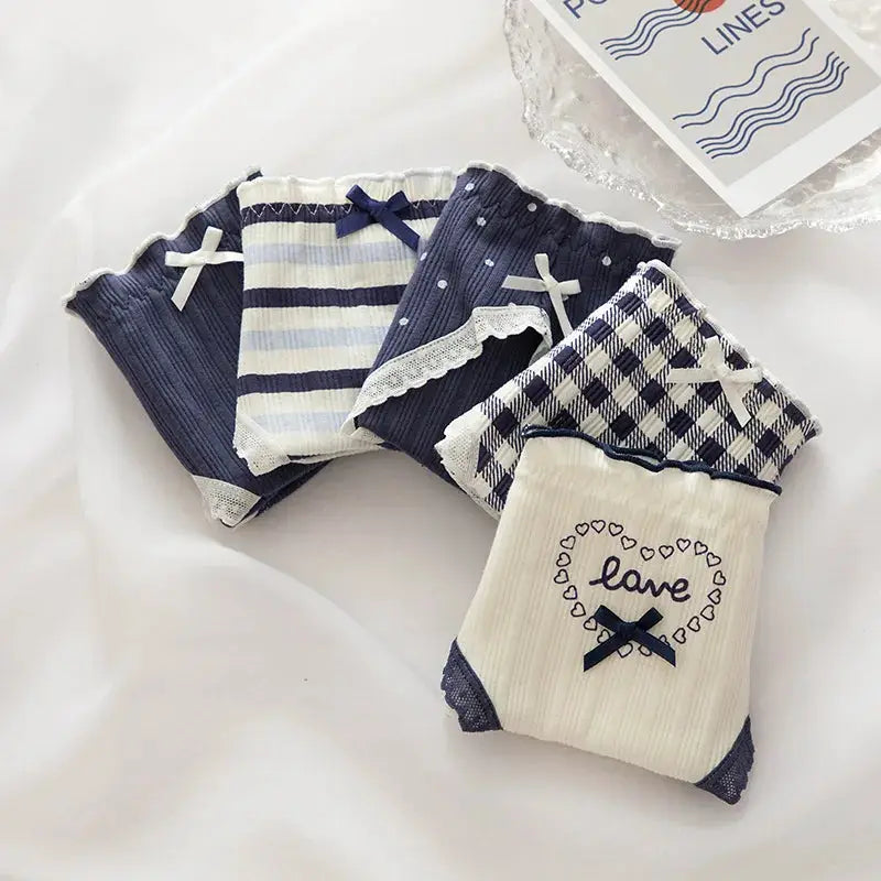 Simples Market cotton women's underwear set; mid-waist seamless panties in navy, striped, gingham, 5-pairs with bows