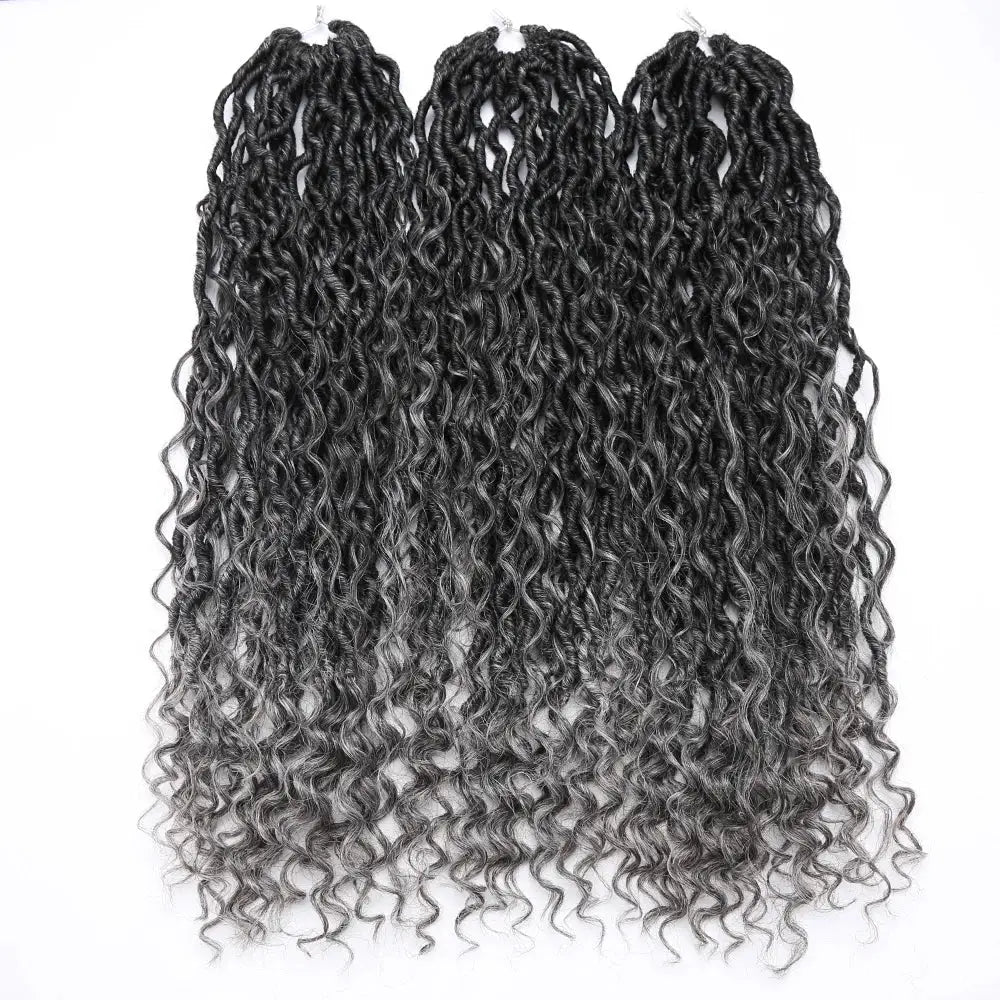 Synthetic Goddess Locs crochet hair bundles, 3 packs, black-to-gray ombre, curly faux locs for braiding