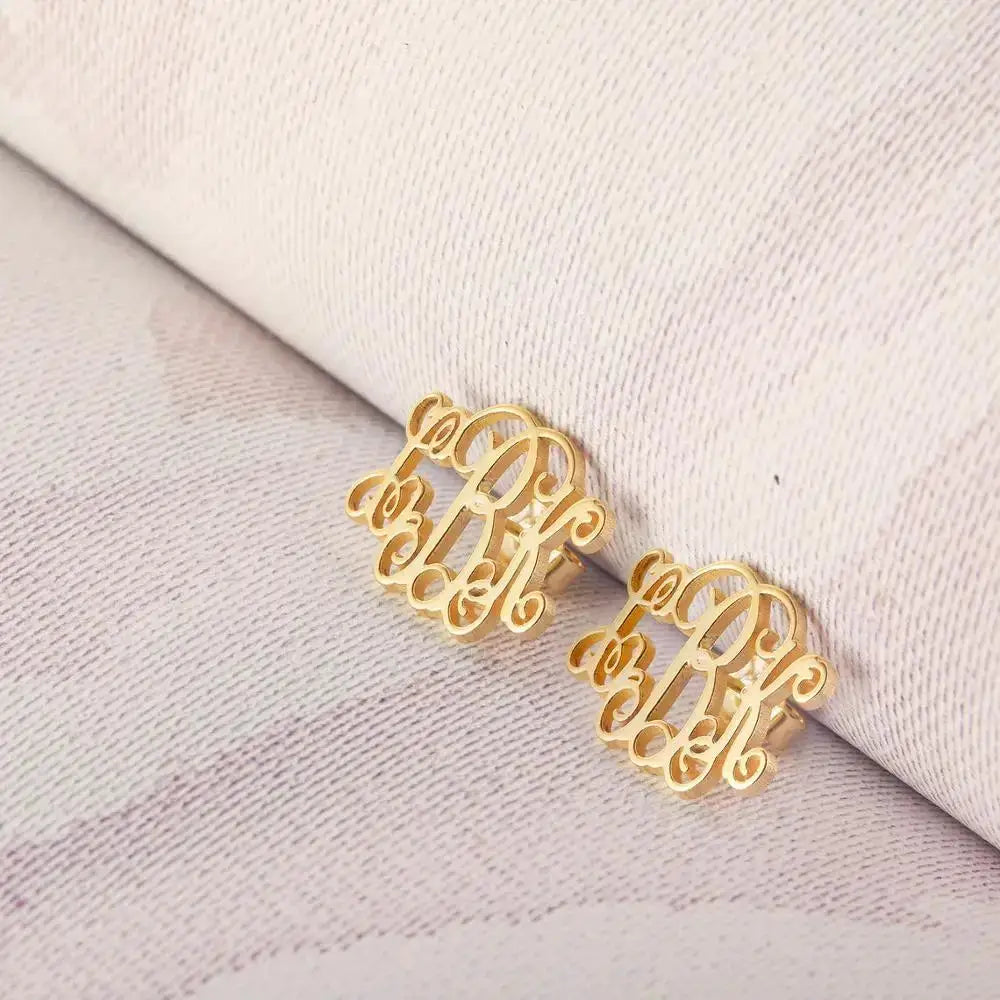 Bohemia Monogram Earrings, gold-tone stainless steel round initials, pair