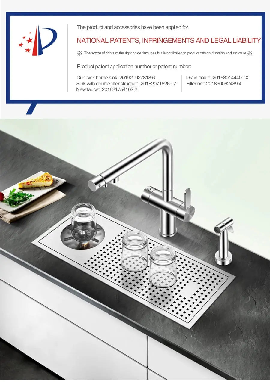 Cup washer bar sink with perforated drainboard, 304 stainless steel, 4mm brushed, Simples Market, 3 glass cups