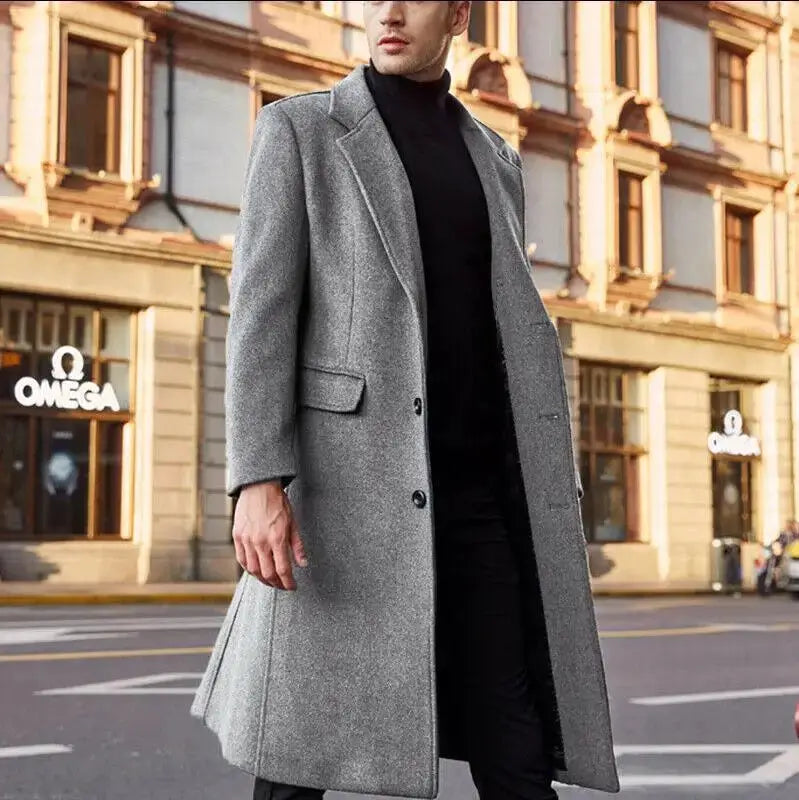 Simples Market grey wool men's long overcoat; solid color, outerwear trench style