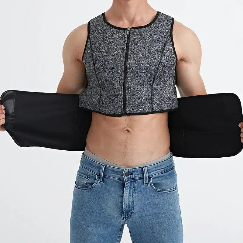 Men's waist trainer sweat vest in gray heather with black trim, zip-front body shaper