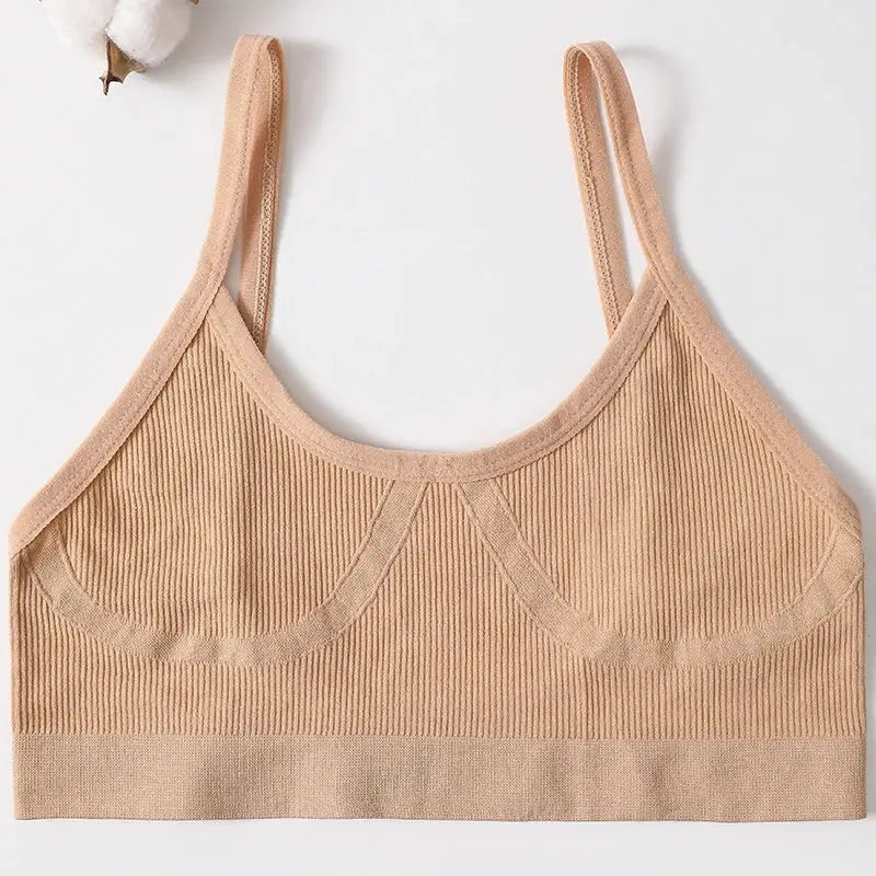 Seamless ribbed bralette in beige, wireless with no pads