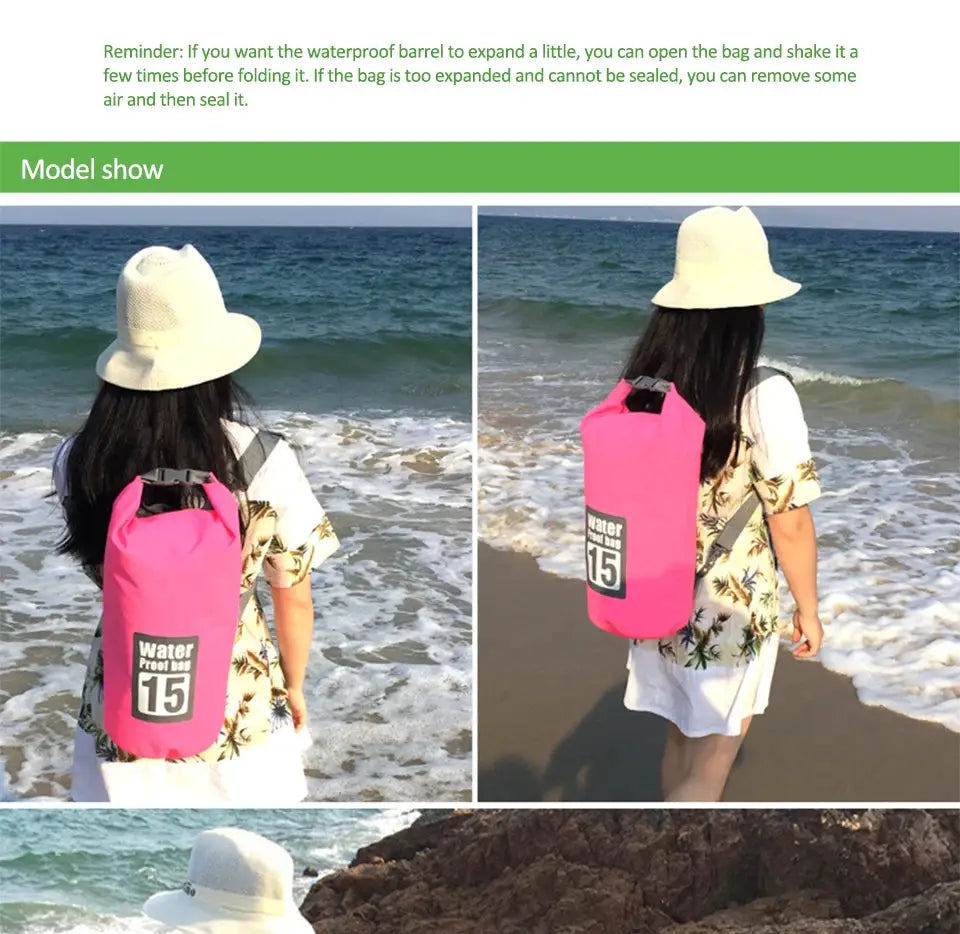 Simples Market pink PVC waterproof dry bag with double shoulder straps, 15L