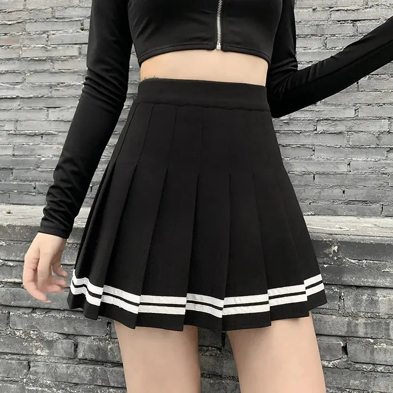 KawaiiGrove Vintage Korean Patchwork Skirt Harajuku Gothic Black Pleated High Waist Mini For Women