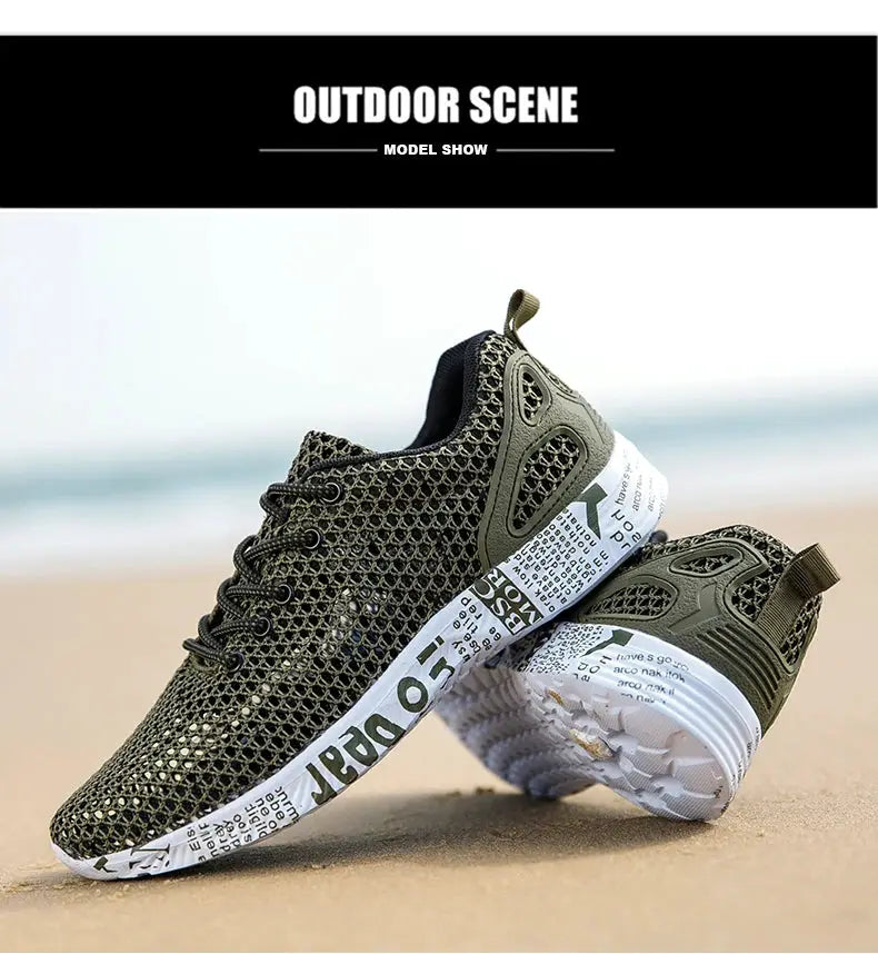 Pair of olive-green mesh sneakers with newspaper-patterned foam sole, beach-ready water shoes