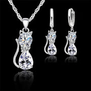 Real 925 Sterling Silver Cat Pendant Necklace And Huggie Earrings With Austrian Crystal Jewelry Set For Women And Girls