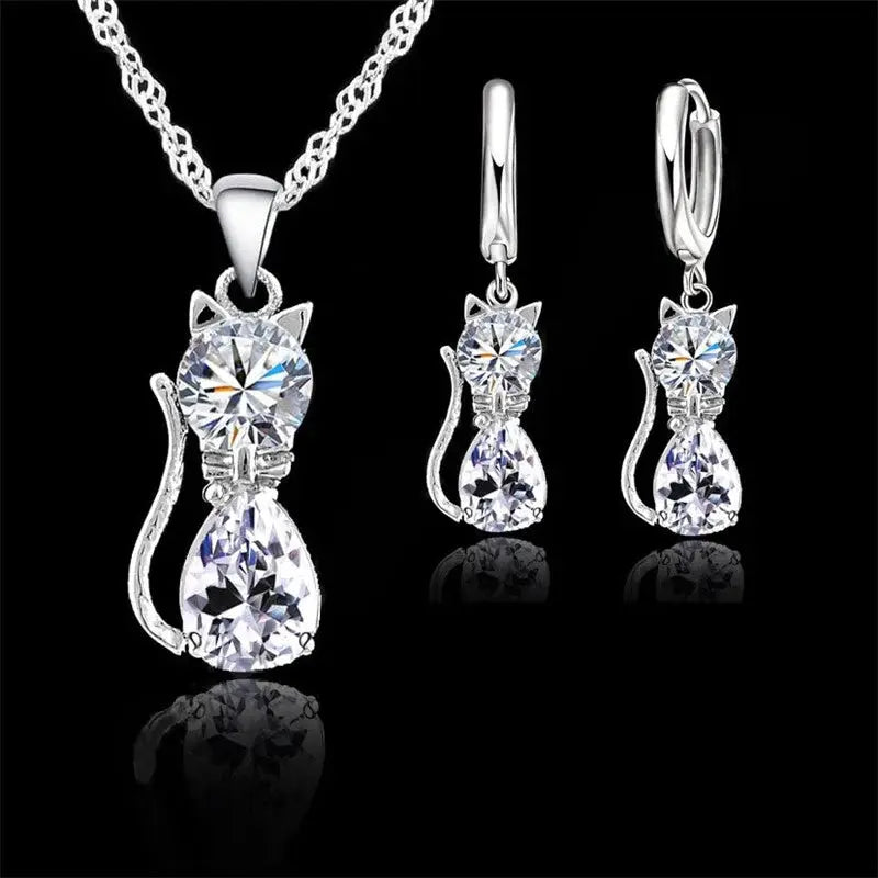 Real 925 Sterling Silver Cat Pendant Necklace And Huggie Earrings With Austrian Crystal Jewelry Set For Women And Girls