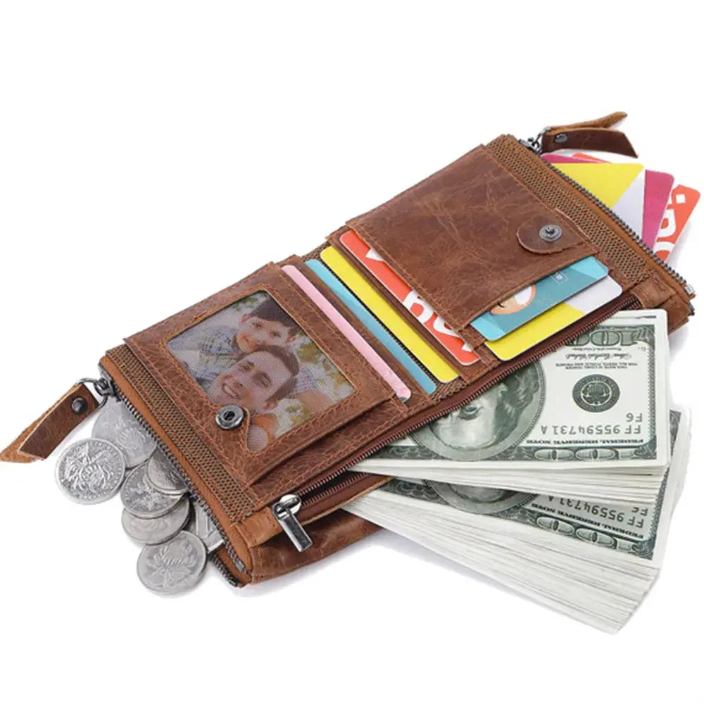 Men's brown leather wallet by Simples Market with multiple card slots, coin pocket and zip-around cash compartment