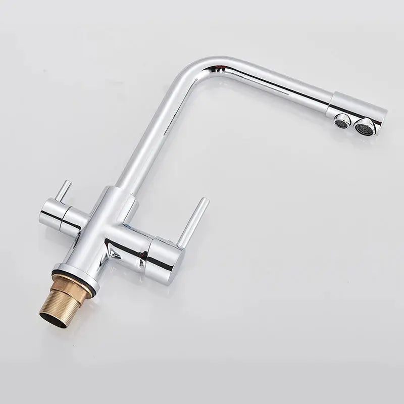 Chrome kitchen faucet with dual swivel spout and hot/cold handles; brass threaded inlet.