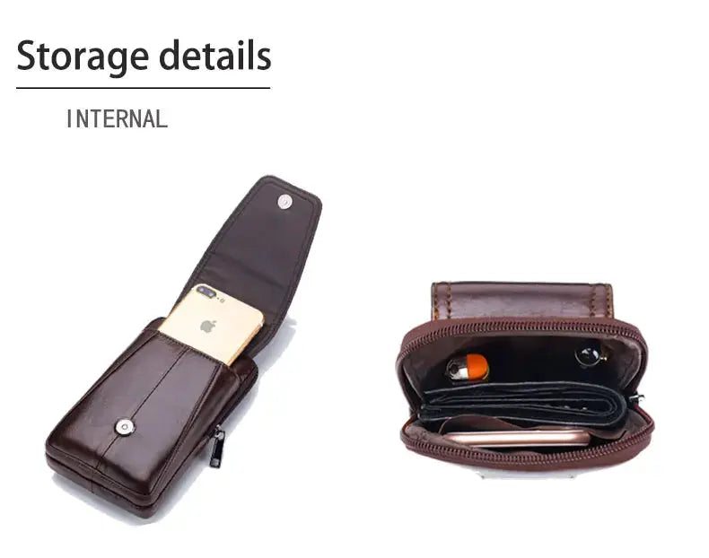 Brown leather belt waist bag with front snap and multiple compartments for phone and money