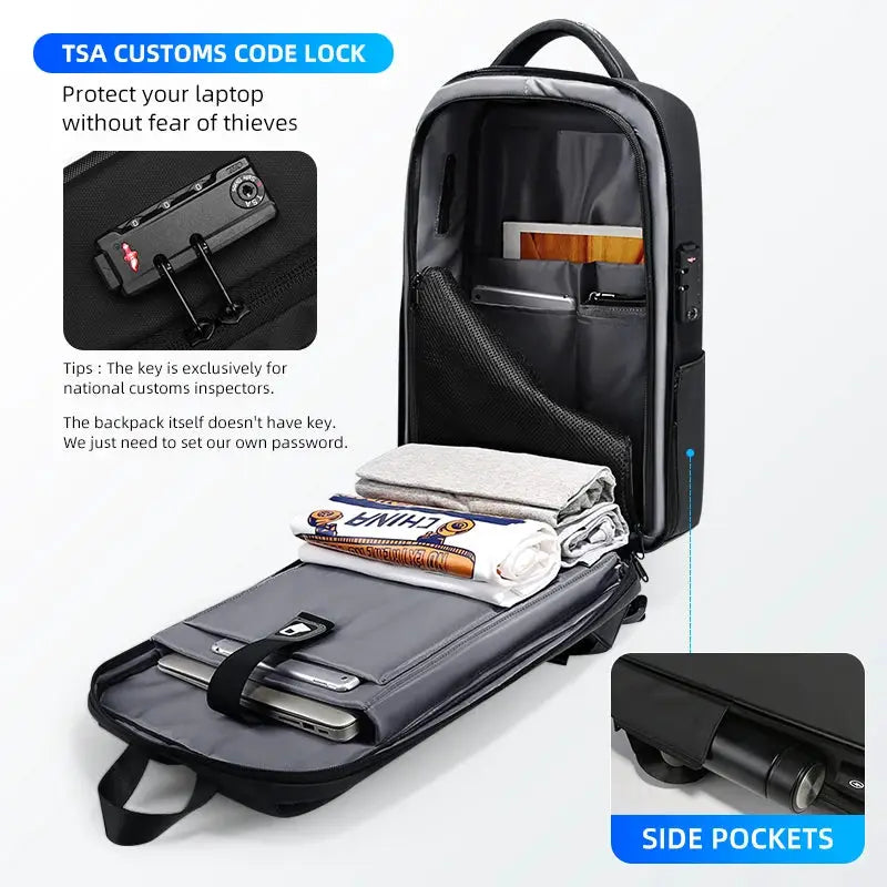 Fenruien laptop backpack with anti-theft design, black with gray interior, side pockets and TSA lock