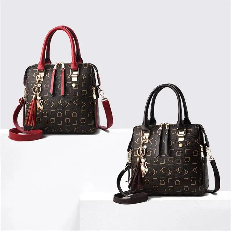 Fashion English Letter Handbag, 2 PU leather tassel top-handle bags in black/red and black/brown.
