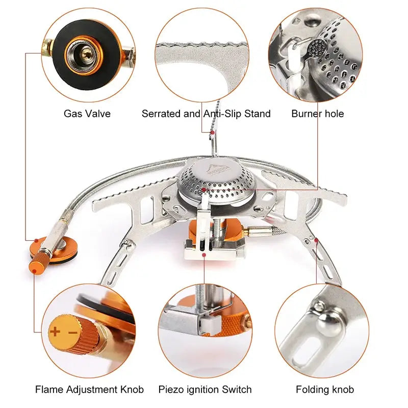 Widesea camping gas stove by Simples Market; orange-knob portable outdoor burner with piezo ignition and gas valve.