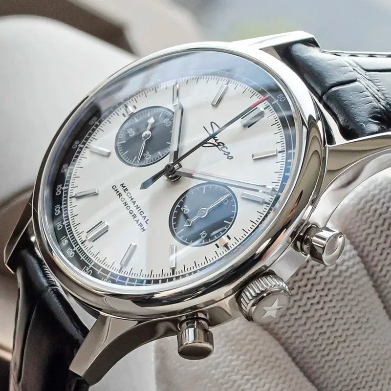 Pilot mechanical chronograph watch with white dial, black subdials, stainless steel case, black leather strap
