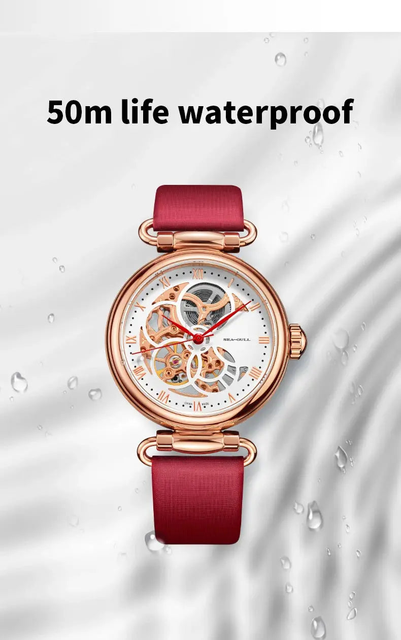 Sea-Gull fashion women's skeleton automatic watch with rose-gold case and red leather strap, 50m water resistant
