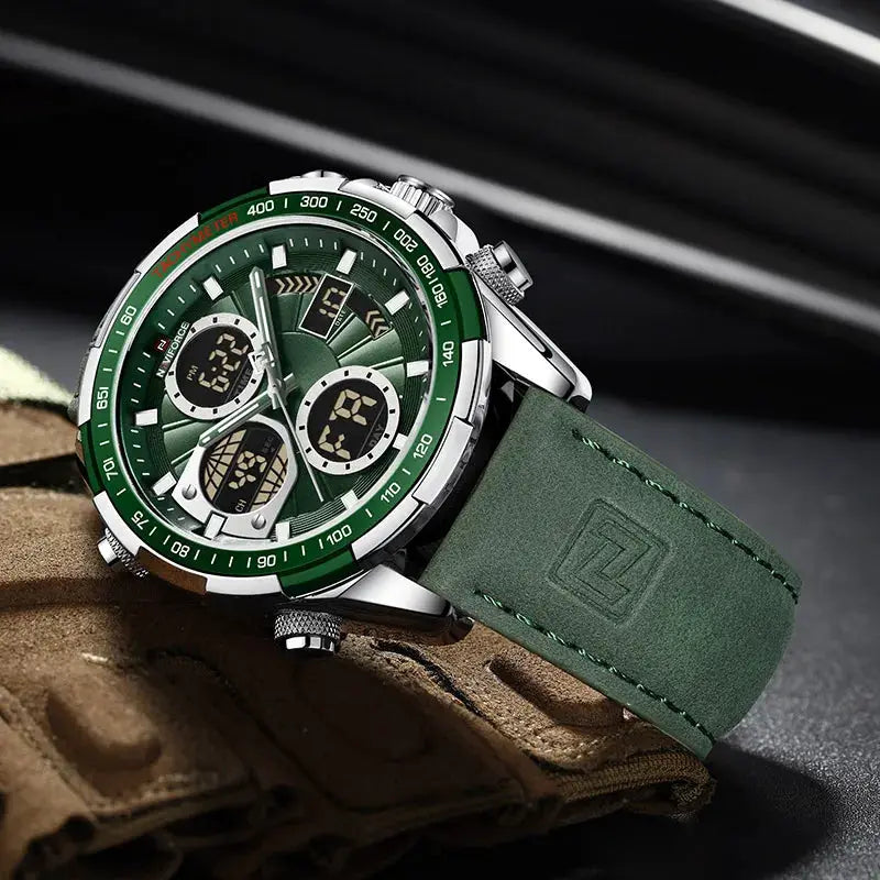 NAVIFORCE men's chronograph watch with green dial, green bezel and green strap in a stainless steel case